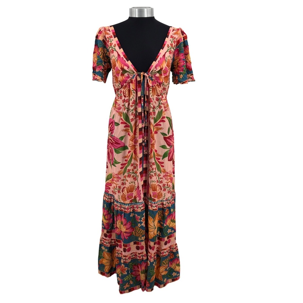 FARM Rio Tropical Floral Maxi Dress Womens Small Multicolor V-Neck Boho Resort - Picture 2 of 16
